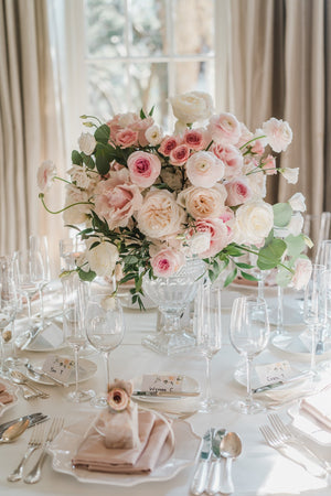 Graceful Pastel Floral Centrepiece, Bringing a Whisper of Romantic Elegance to Weddings across Vaughan and the GTA