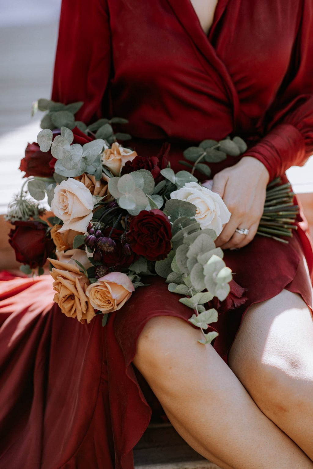 red dress with bouquet Bridesmaids Red Dresses Holding Bouquets White Stock Photo 413882401