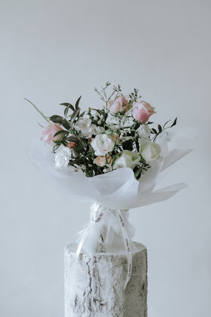 Large Soft and Subtle De Novo Bouquet: Timeless Roses and Curated Seasonal Mix in Elegant Woven Wrap